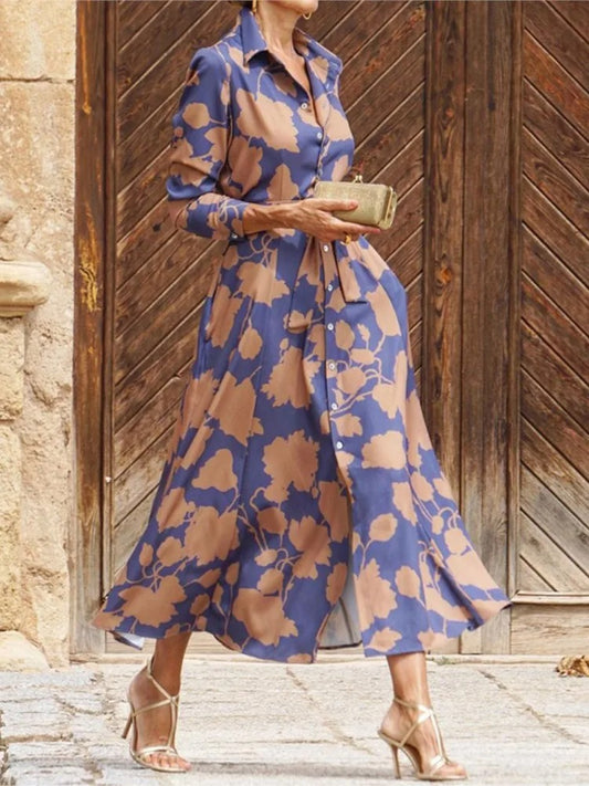 Elegant blouse dress with adjustable waist and leaf pattern
